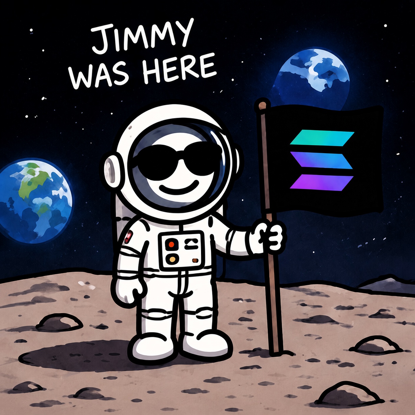 Jimmy on the Moon holding a Solana flag